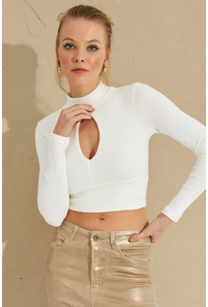 Kadın Beyaz Önü Damla Crop Bluz LPP1243
