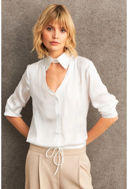Kadın Beyaz Önü Pencereli Saten Gömlek ZER419