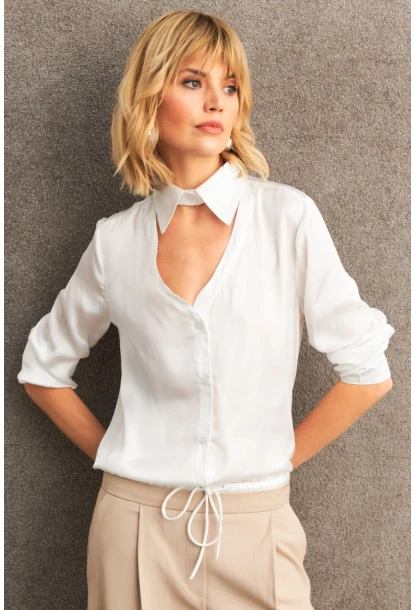 Kadın Beyaz Önü Pencereli Saten Gömlek ZER419