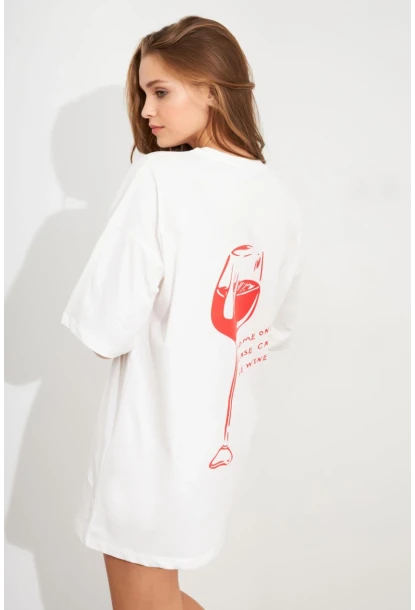 Kadın Beyaz Oversize Pijama T-Shirt TPG14