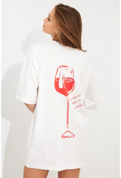 Kadın Beyaz Oversize Pijama T-Shirt TPG14