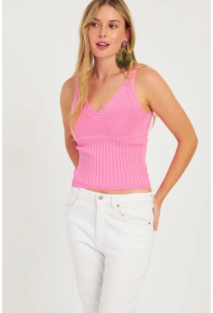 Kadın Beyaz-Pembe İkili V Yaka Triko Bluz SMT227