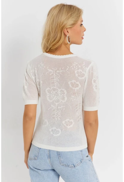 Kadın Beyaz Pointelle Triko Bluz KZ3197