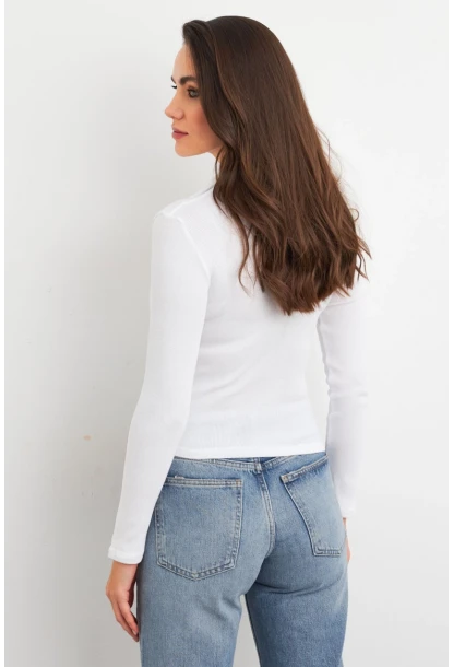 Kadın Beyaz Polo Yaka Kaşkorse Bluz LON3006