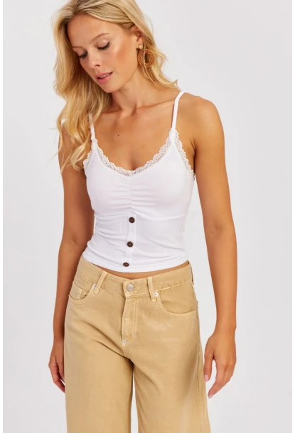 Kadın Beyaz-Saks Askılı Dantelli Bluz MK07