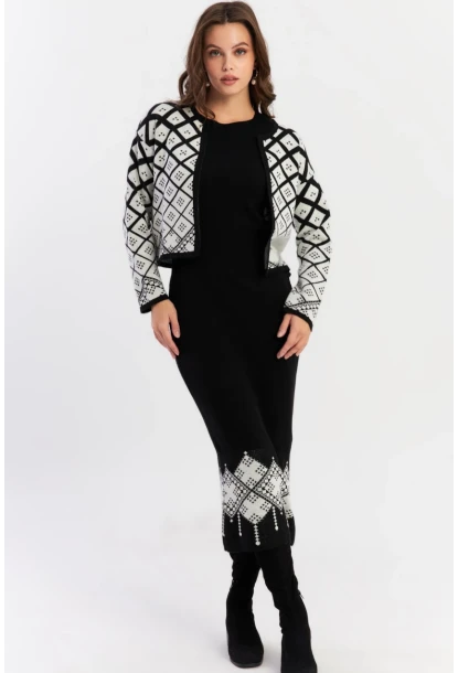 Kadın Beyaz-Siyah Desenli İkili Triko Takım NUV42