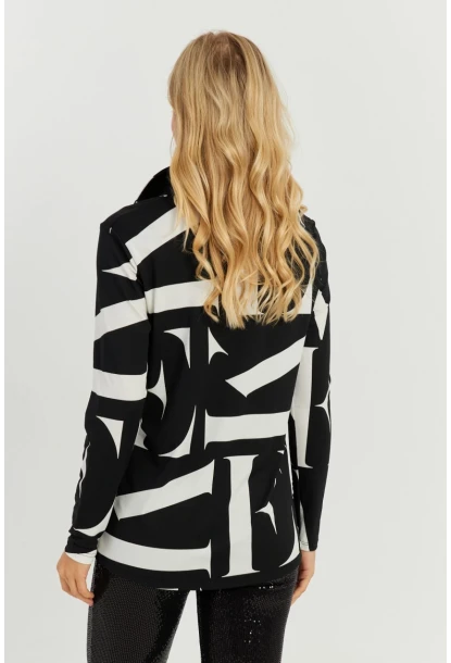 Kadın Beyaz-Siyah Desenli Polo Yaka Bluz AYD240