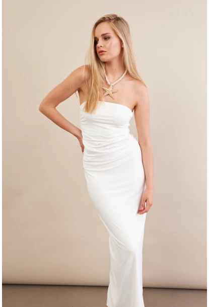 Kadın Beyaz Straplez Büzgülü Midi Elbise MX2005