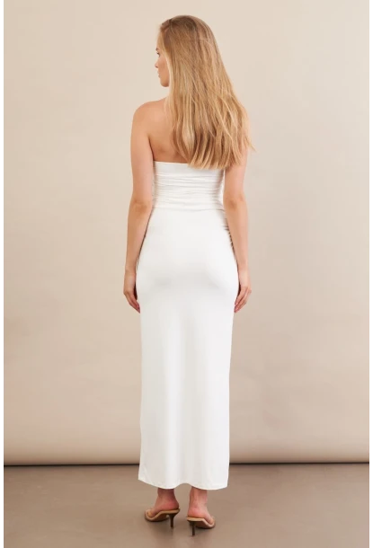 Kadın Beyaz Straplez Büzgülü Midi Elbise MX2005