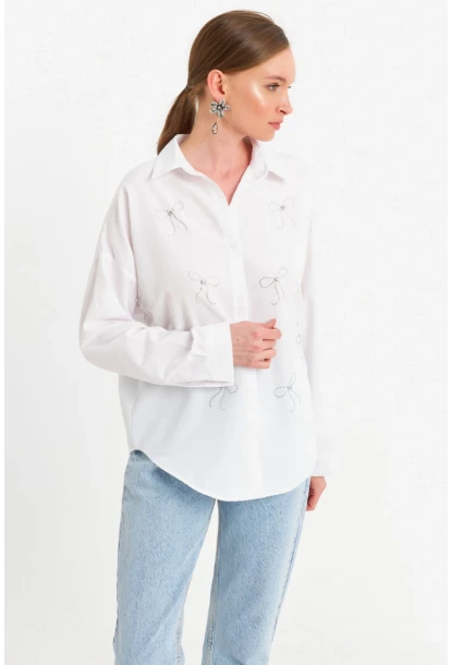 Kadın Beyaz Taşlı Gömlek MZER426