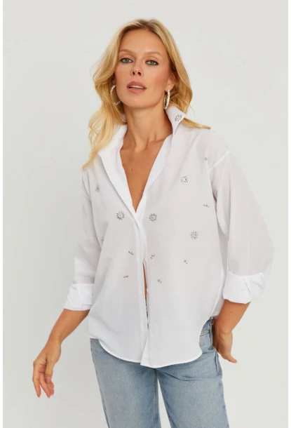 Kadın Beyaz Taşlı Gömlek SF2550