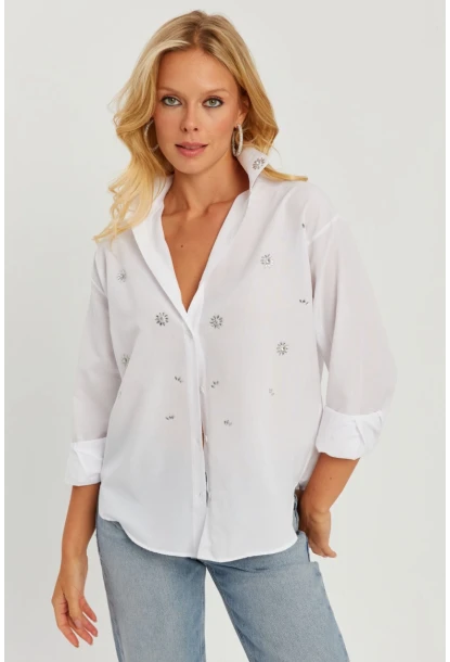 Kadın Beyaz Taşlı Gömlek SF2550