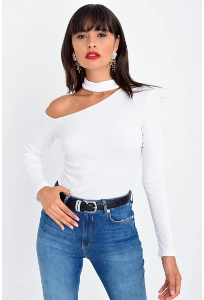 Kadın Beyaz Tek Omuz Bluz Kaşkorse CG53