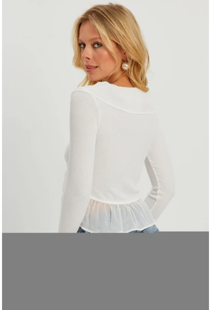 Kadın Beyaz Tül Detaylı Fırfırlı Hırka AYD313