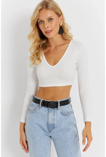 Kadın Beyaz V Yaka Crop Bluz CG368