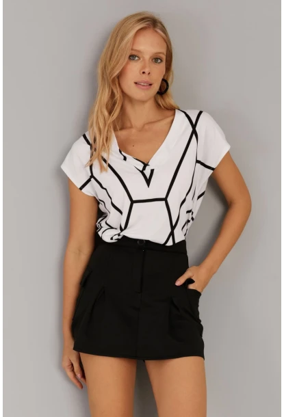 Kadın Beyaz V Yaka Desenli Bluz AYD293