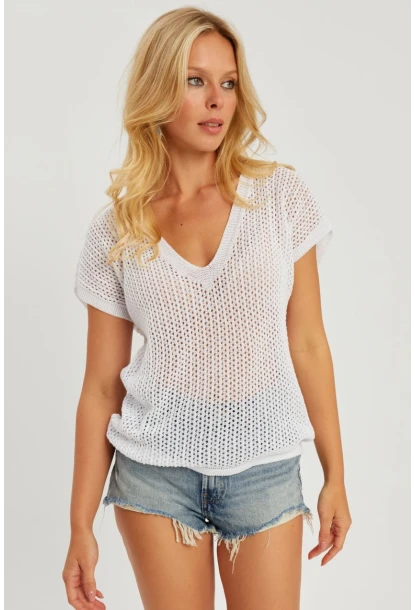 Kadın Beyaz V Yaka Fileli Bluz SMT230