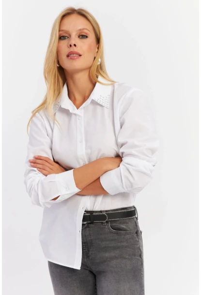 Kadın Beyaz Yakası Taşlı Gömlek ZER413