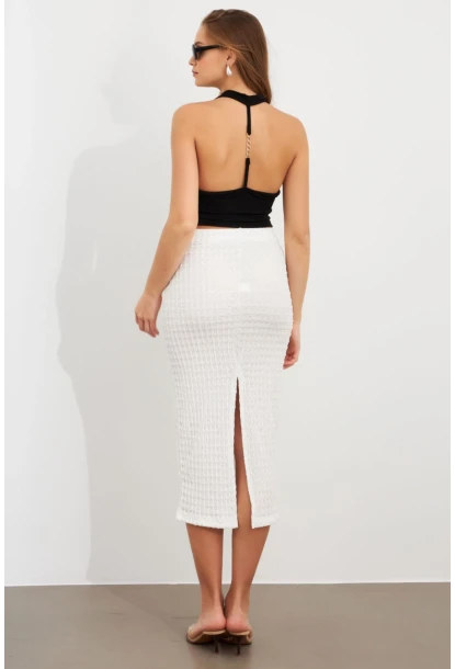 Kadın Beyaz Yırtmaçlı Bürümcük Midi Etek ZH329