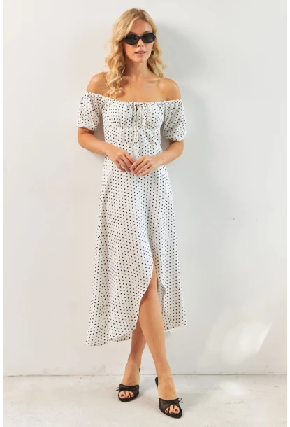 Kadın Beyaz Yırtmaçlı Desenli Midi Elbise KED0243