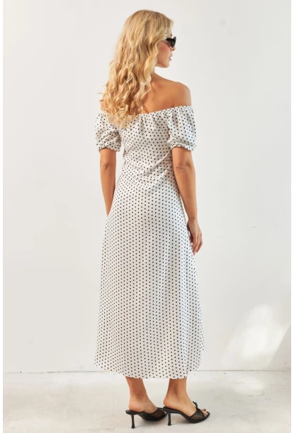 Kadın Beyaz Yırtmaçlı Desenli Midi Elbise KED0243