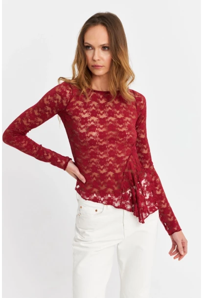 Kadın Bordo Asimetrik Dantel Bluz MTK13288