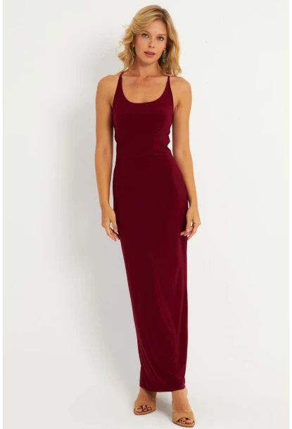 Kadın Bordo Ayarlanabilir Askılı Maxi Elbise MEN2004