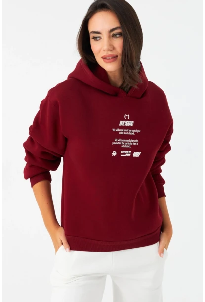 Kadın Bordo Baskılı Kapüşonlu Sweatshirt DY1451