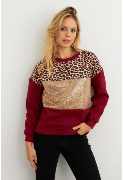 Kadın Bordo Bloklu Sweatshirt MST098