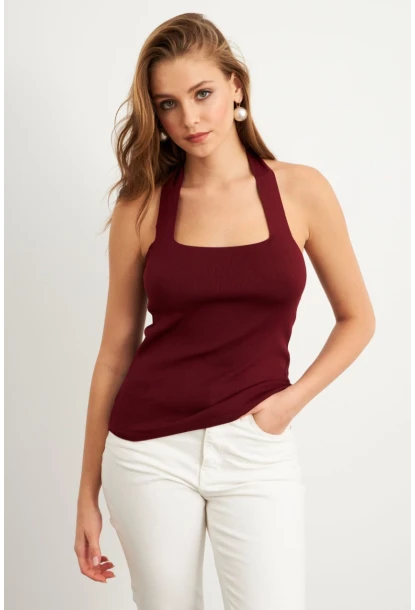 Kadın Bordo Boyundan Bağlamalı Triko Bluz YV356