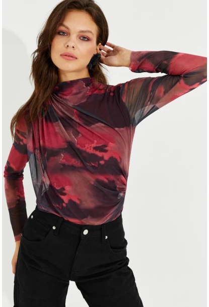 Kadın Bordo Büzgülü Astarlı Tül Bluz LPP1231