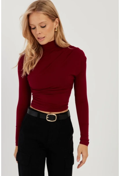 Kadın Bordo Büzgülü Kısa Bluz MEN2023-90