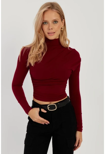 Kadın Bordo Büzgülü Kısa Bluz MEN2023-90