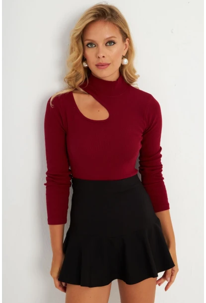 Kadın Bordo Çapraz Yaka Yarım Balıkçı Bluz B1404