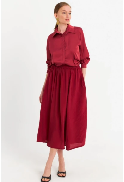 Kadın Bordo Cepli Midi Etek MSH20194