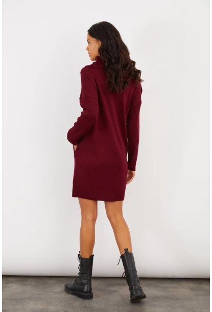 Kadın Bordo Degaje Yaka Triko Mini Elbise YV73