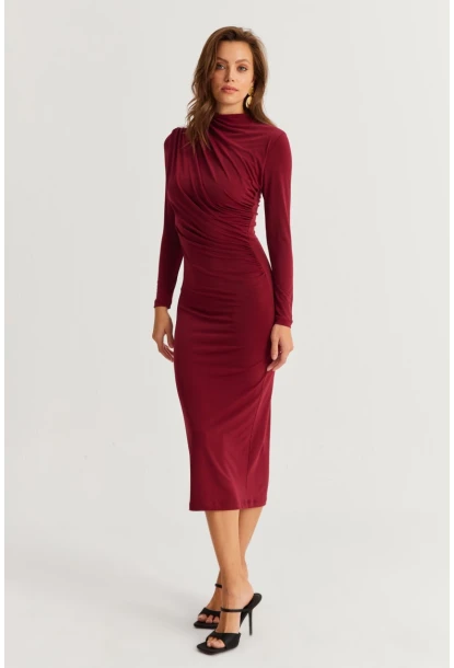 Kadın Bordo Drape Maxi Elbise DMR377