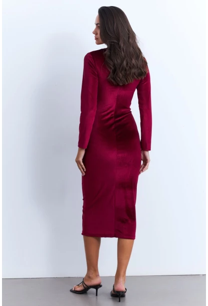 Kadın Bordo Drapeli Midi Elbise MON1113