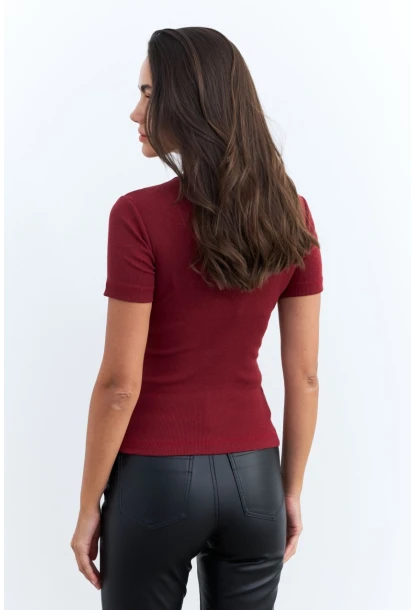 Kadın Bordo Düğme Aksesuarlı Kaşkorse Bluz EY2560