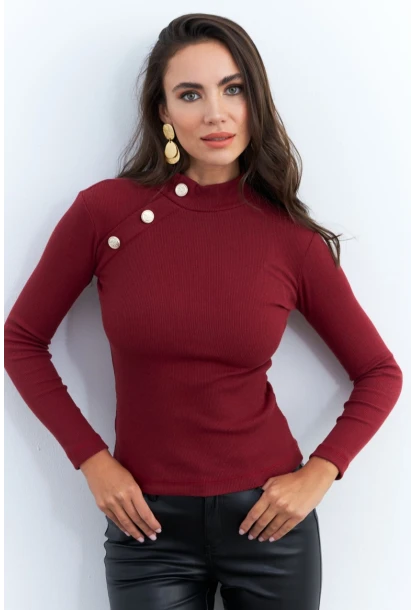 Kadın Bordo Düğme Aksesuarlı Kaşkorse Bluz EY2579