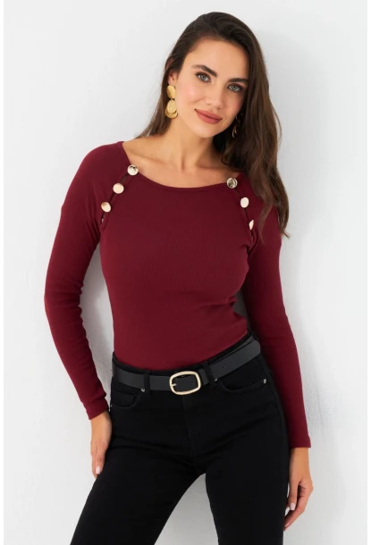 Kadın Bordo Düğme Aksesuarlı Kaşkorse Bluz EY2945