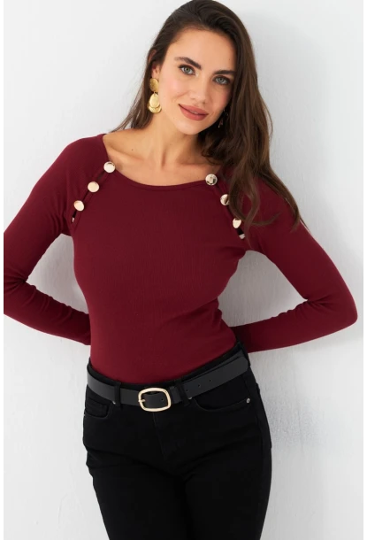 Kadın Bordo Düğme Aksesuarlı Kaşkorse Bluz EY2945
