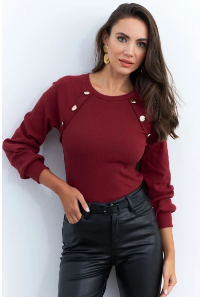 Kadın Bordo Düğme Aksesuarlı Kaşkorse Bluz EY2946