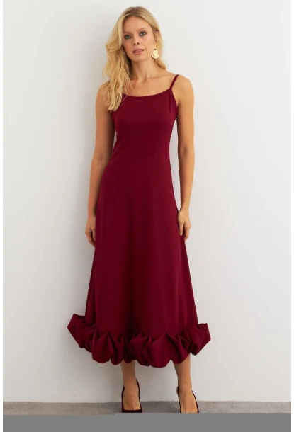 Kadın Bordo Eteği Fırfırlı Şık Maxi Elbise FRY2266