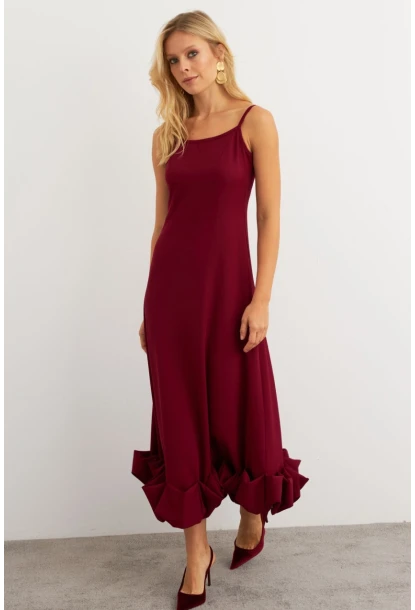 Kadın Bordo Eteği Fırfırlı Şık Maxi Elbise FRY2266