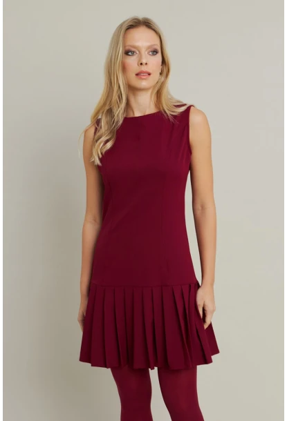 Kadın Bordo Etegi Pileli Mini Elbise FRY2265
