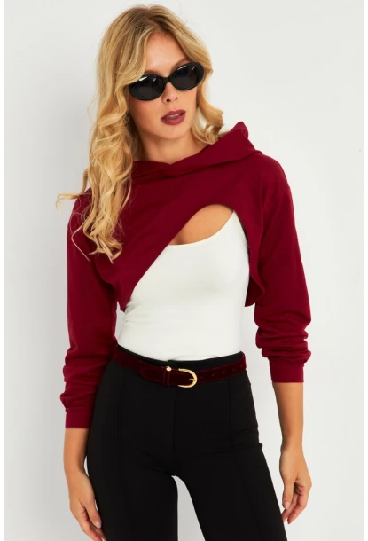 Kadın Bordo Kapüşonlu Crop Sweatshirt  TF03