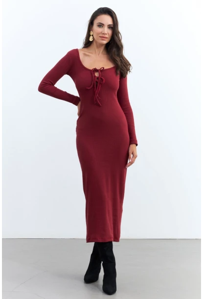 Kadın Bordo Kaşkorse Maxi Elbise EY1513