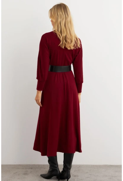 Kadın Bordo Kemerli Balıkçı Yaka Elbise MKSD992