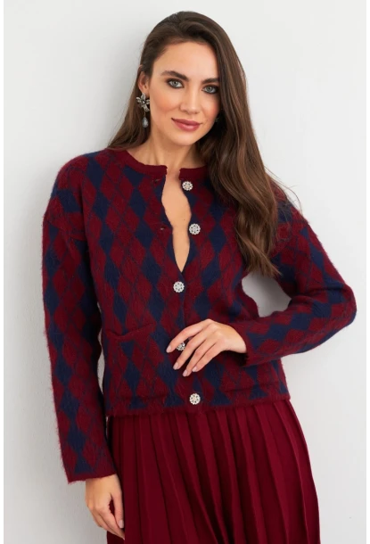 Kadın Bordo-Lacivert Düğme Detaylı Hırka ELT12022